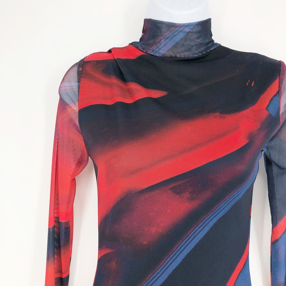 EDIKTED Sparks Fly Mesh Minidress Small Red Mock Neck Abstract NWOT - Picture 6 of 9
